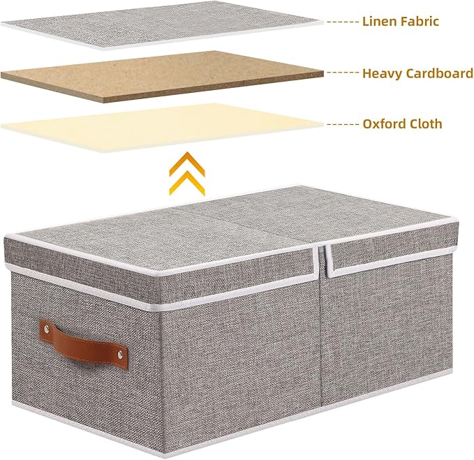 3-Pack Storage Boxes, Foldable Blanket Basket with Detachable Lid, Linen Closet 0rganizers with Double Handles, Collapsible Cubes for Organizing, Grey, 16.1 x 9.8 x 6.5 inch