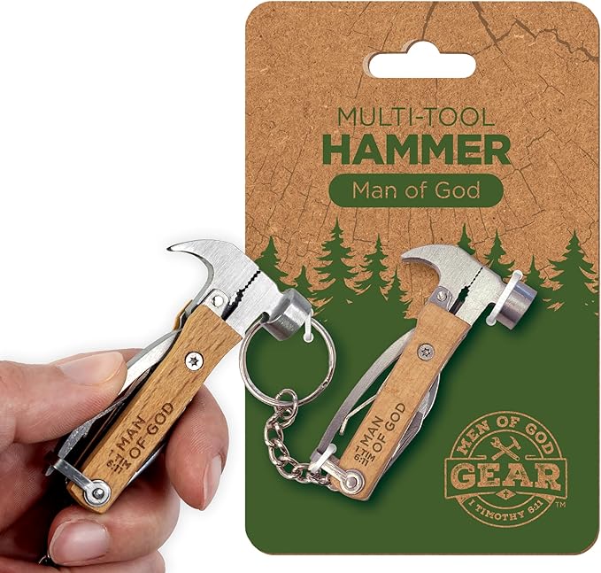 5-in-1 Hammer Keychain Multi-Tool - Laser-Engraved Man of God, 1 Tim 6:11 Scripture - Multitool Keychain Pliers with Blade, Opener, Nail Pry & More - Christian Pocket Tools For Men