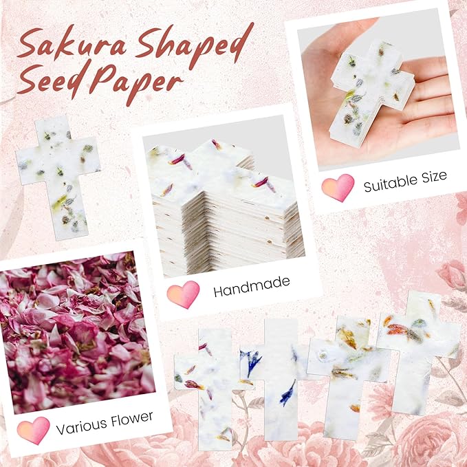 50 Pcs Handmade Seed Paper Plantable Wildflower Seed Paper Recycled Flower Petals Tags Wedding Favors for Guests Craft Gifts Cards for Envelope Birthday Party, 5 Styles (Cross)