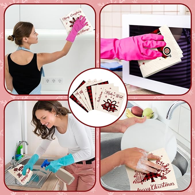 Sunnyray 24 Pcs Swedish Kitchen Dish Cloths Kitchen Towels Reusable Sponge Cleaning Cloths Wipes Absorbent Washable Dish Rags for Bathroom Cleaning(Red and Black,Bright Style)
