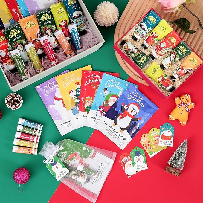 50 Pack Christmas Hand Cream, Facial Mask and Lip Balm Gift Set, Stocking Stuffers for Women, Bulk Christmas Gifts with Christmas Cards Organza Bag for Christmas Party Supplies, Christmas Decorations
