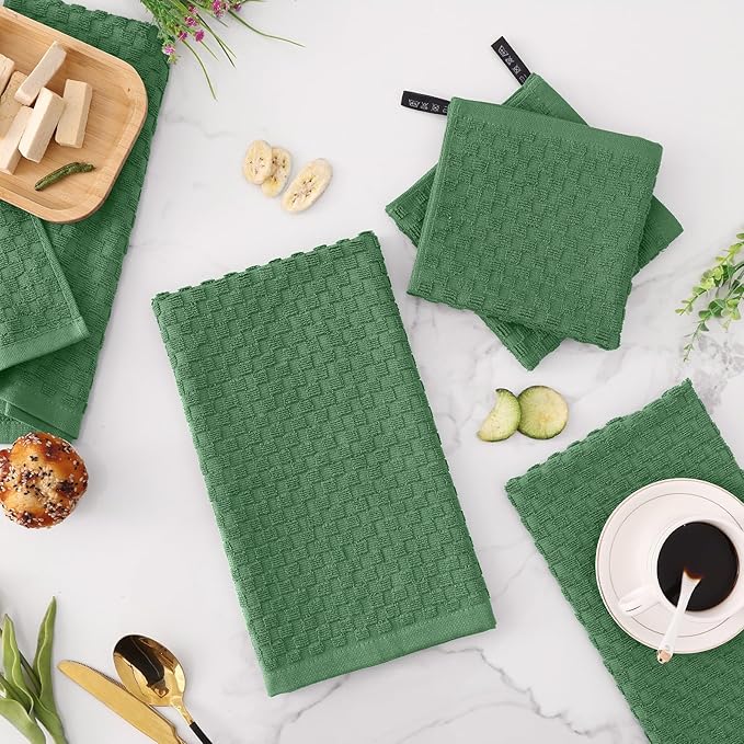 Fintale 100% Cotton Kitchen Towels and Dishcloths Set, 12 x 12 & 15 x 25 Inches, Set of 8 Bulk Super Soft and Absorbent Terry Cloth Dish Towels, Quick Drying Hand Towels with Hanging Loop, Grass Green
