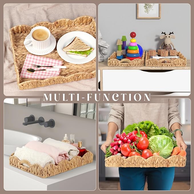 2Pcs - Scalloped Basket, Decorative Basket, Water Hyacinth Tray (17 x 13 x 3 inch - 2Pcs) with Scalloped Edge and Built-in Handles, Rectangle Serving/Woven/Basket/Seagrass Tray