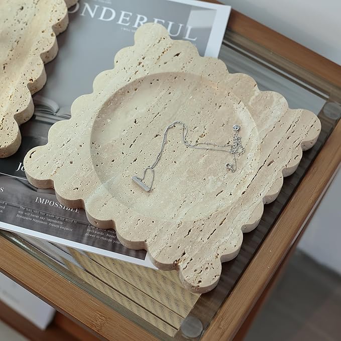 Natural Travertine Tray with Scalloped Edge, Vanity Decorative Tray for Countertop Organizer, Catchall Tray for Perfume, Candles, Jewelry Dish