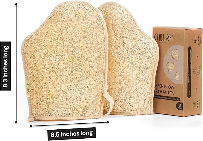 Chill Ah Green Glow Dual-Sided Loofah Bath Mitts (2-Pack) β 100% Plant-Based, Dye-Free, Biodegradable, Handcrafted in Vietnam β Natural Exfoliating Gloves for Glowing Skin