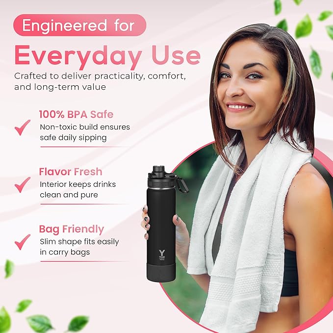 Y TOP 24oz Insulated Water Bottle Cup Holder Friendly, Leak Proof Spout Lid, Double Wall Insulation, Dishwasher Safe, Easy Clean Stainless Steel Water Bottle for Gym Kids Sports Travel School Hiking