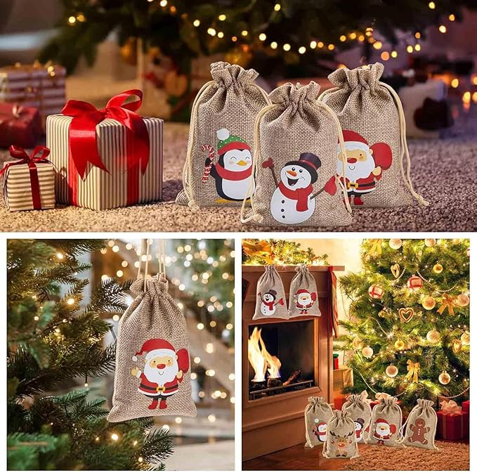 Homum 40 Pcs Christmas Burlap Gift Bags with Drawstring and Tags - 4x6 Inch Tiny Small Gift Bags for Xmas Candy and Christmas Supplies