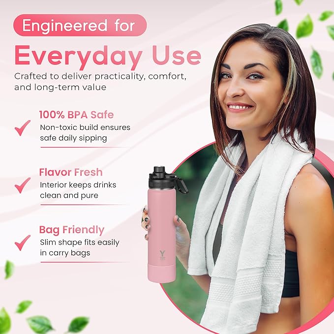Y TOP 24oz Insulated Water Bottle Cup Holder Friendly, Leak Proof Spout Lid, Double Wall Insulation, Dishwasher Safe, Easy Clean Stainless Steel Water Bottle for Gym Kids Sports Travel School Hiking