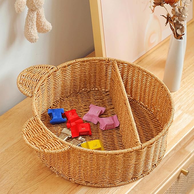 Natural Woven Bear Ear Wall Shelf Handmade Storage Basket for Small Plants and Books Decorative Floating Organizer with Unique Animal Design