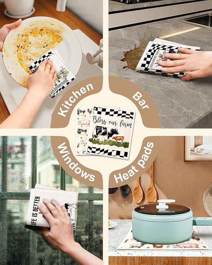 Swedish Dishcloths for Kitchen with Hooks - Reusable Dish Cloths for Washing Dishes Fast Drying Cute Fun 5 Pack Swedish Dish Towels Washable Cleaning Sponge, Black White Farm