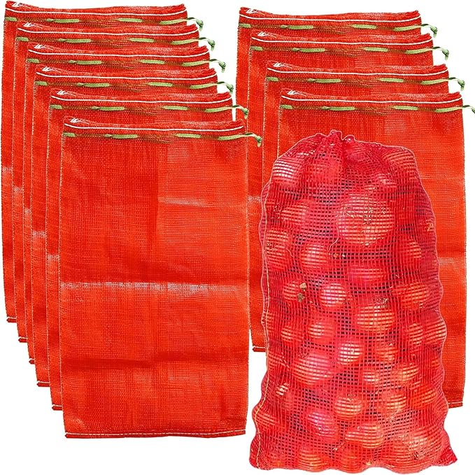 100 Pack 31'' x 20'' Mesh Onion Bags, Reusable Drawstring Fresh Produce Storage Bags for Onions, Vegetables, Potatoes, Citrus, Crawfish Firewood
