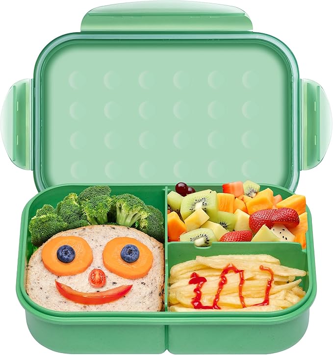 Wheat Straw Lunch Box - Leakproof Bento Box for Kids & Adults, BPA-Free 3-Compartment Food Containers, Microwave & Dishwasher Safe (Green, 5.5 Cup)