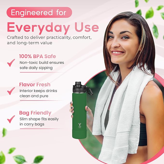 Y TOP 24oz Insulated Water Bottle Cup Holder Friendly, Leak Proof Spout Lid, Double Wall Insulation, Dishwasher Safe, Easy Clean Stainless Steel Water Bottle for Gym Kids Sports Travel School Hiking