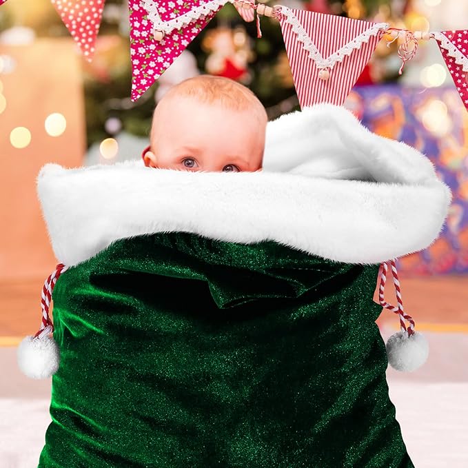 Shappy 2 Pieces Christmas Velvet Santa Bags with Drawstring in 2 Size Large Christmas Bags Santa Gift Sack for Xmas Playing Present Toy(Dark Green)