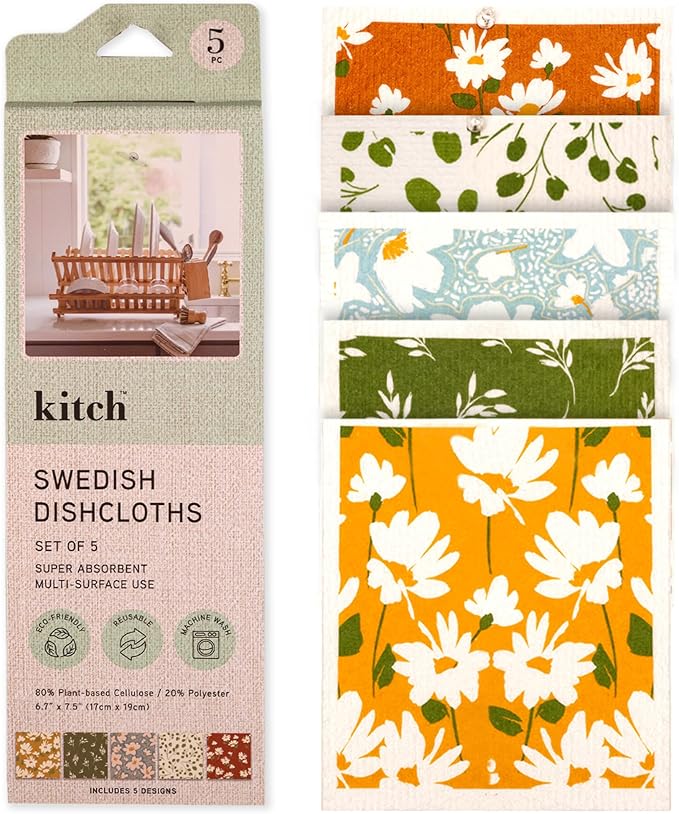 MosJos Swedish Dishcloths, Super Absorbent Multi-Surface Cleaning Cloths, Blue Floral Print, 80% Cellulose, 6.7x7.5 Inch, Set of 5 Designs