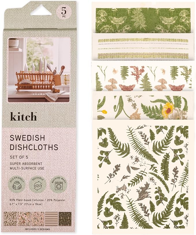 MosJos Swedish Dishcloths, Vintage Plant-Based Cellulose, 6.7x7.5 Inch, Super Absorbent, Multi-Surface, Machine Washable, Reusable, 5 Pack (Green)