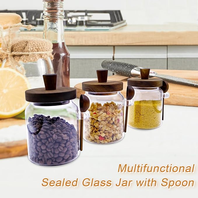 3PCS Spice Jars Overnight Oats Containers with Airtight Lid and Wooden Spoon,17 OZ Glass Food Storage Canisters, Glass Jars for Coffee Bean, Sugar, Dry Goods,Cookie,Candy,Cereal,Tea,Salt