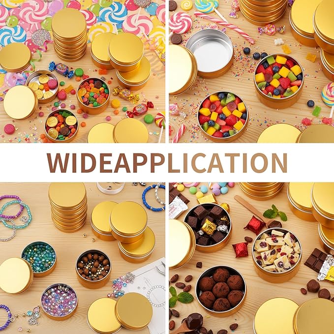 Patelai 72 Pcs Aluminum Tins 36pcs 2oz+4oz 36pcs Salve Containers with Screw Lid and Labels Round Cans Travel Cosmetic Metal Tins Jar for Candles Lotion Bars Balms Food Spice Candies DIY Crafts(Gold)