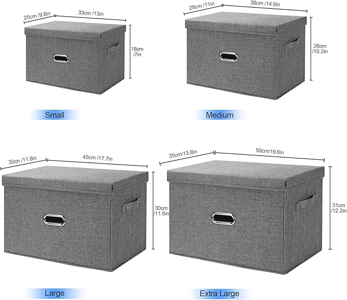 Large Linen Fabric Foldable Storage Bins with Removable Lid and Handles, Washable Storage Box Organizer Containers Baskets Cube with Cover for Bedroom,Office(Black, Extra Large(2-Pack))