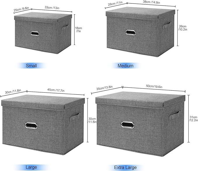Large Linen Fabric Foldable Storage Bins with Removable Lid and Handles, Washable Storage Box Organizer Containers Baskets Cube with Cover for Bedroom,Office(Cream, Extra Large)