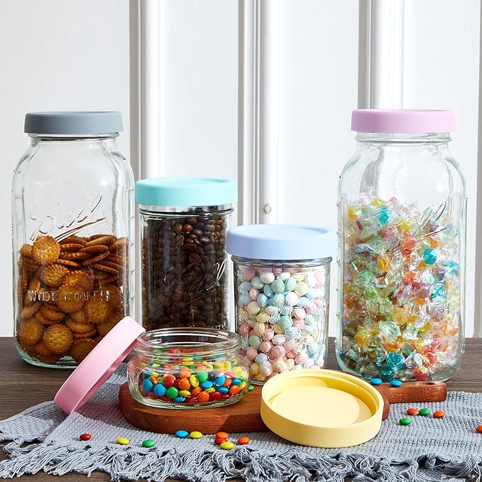 6 Pcs Silicone Wide Mouth Lids Mason Jar Lids Thickened Leak Proof Lid for 86 mm All Wide Mouth Mason Jars, Reusable Large Canning Jar Caps(Macaron)