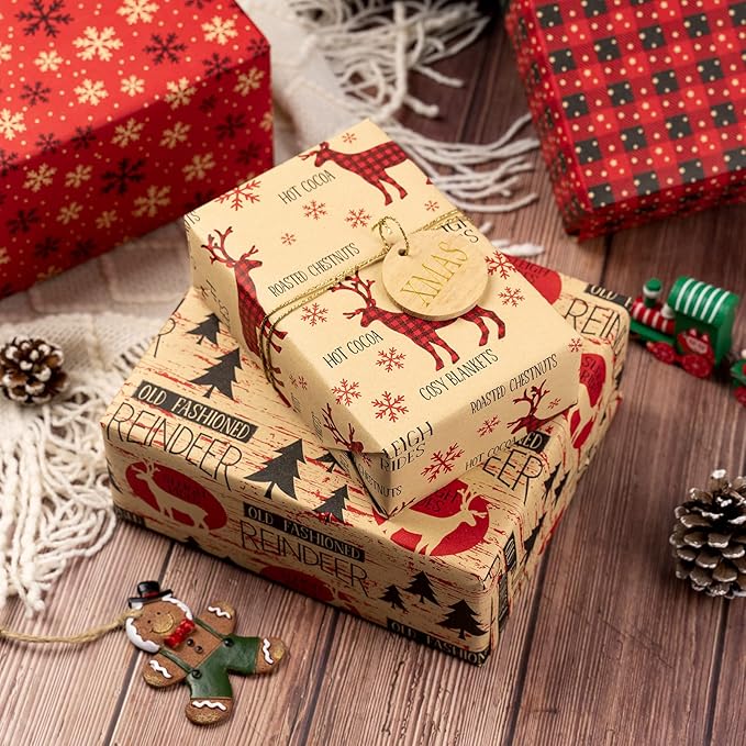 RUSPEPA Christmas Wrapping Paper, Kraft Paper - Red and Black Christmas Designs - 4 Rolls - 30 inches x 10 feet per Roll