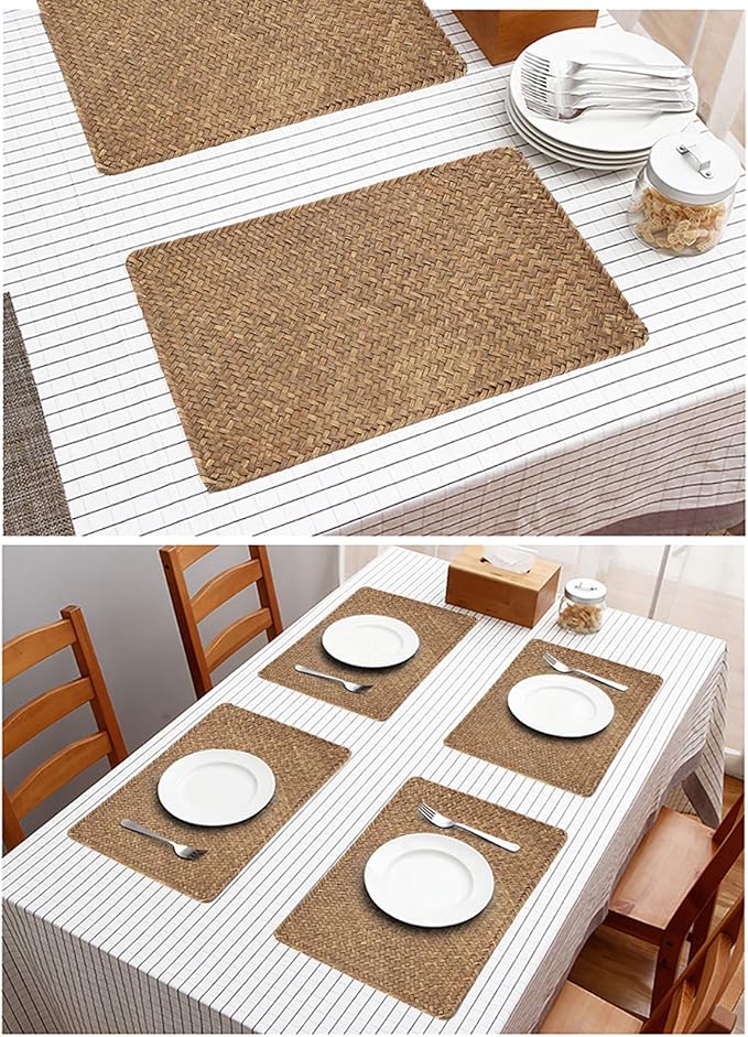 OwnMy Pack of 6 Natural Seagrass Placemats Woven Rattan Place Mat Rectangular Table Mats, 17" x 12" Sea Grass Meal Placemat Bamboo Place Mats for Dining Table Home Kitchen Picnic Table Decor (Coffee)