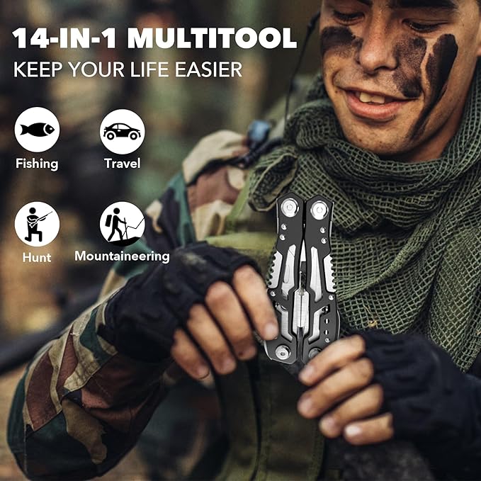 14-In-1 Multitool with Safety Locking, Professional Stainless Steel Multitool Pliers Pocket Knife, Bottle Opener, Screwdriver with Nylon Sheath ,Apply to Survival,Camping, Hunting and Hiking 10 Pcs