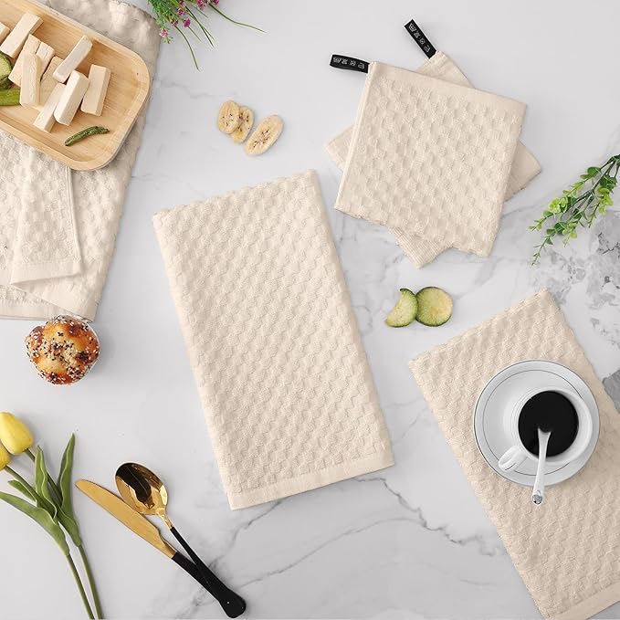 Fintale 100% Cotton Kitchen Towels and Dishcloths Set, 12 x 12 & 15 x 25 Inches, Set of 8 Bulk Super Soft and Absorbent Terry Cloth Dish Towels, Quick Drying Hand Towels with Hanging Loop, Beige