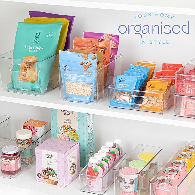 primebox Plastic Food Storage 4 Pack Clear Container Bin with Handles for Organizing Kitchen, Pantry, Fridge, Freezer, Pantry,Bathroom. 10"x6"x5"