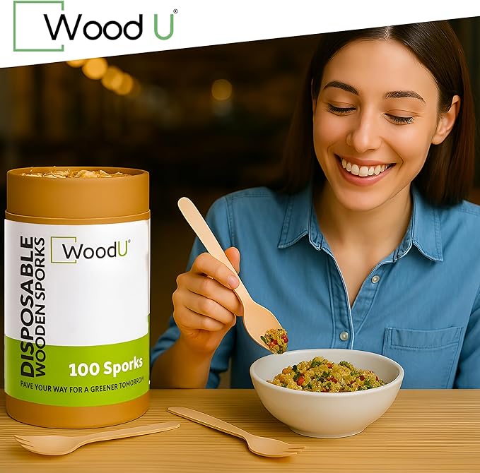 Disposable Wooden Spork by WoodU | 100% All-Natural, Eco-Friendly, Biodegradable, and compostable Spork - Pack of 100-6.5" spork wood cutlery