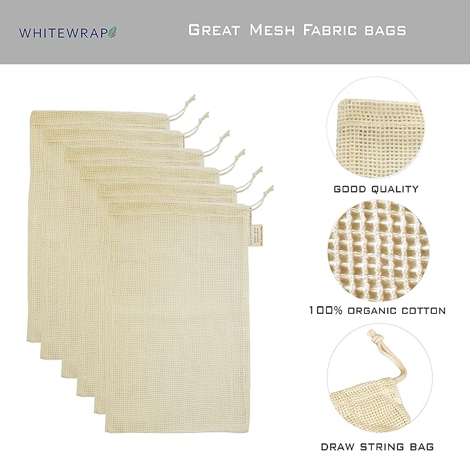 Reusable Produce Bags 6 Pack – 10"x18" Large Cotton Mesh Bags with Drawstring – Natural Storage for Vegetables, Fruit, Onions, Groceries & Shoes