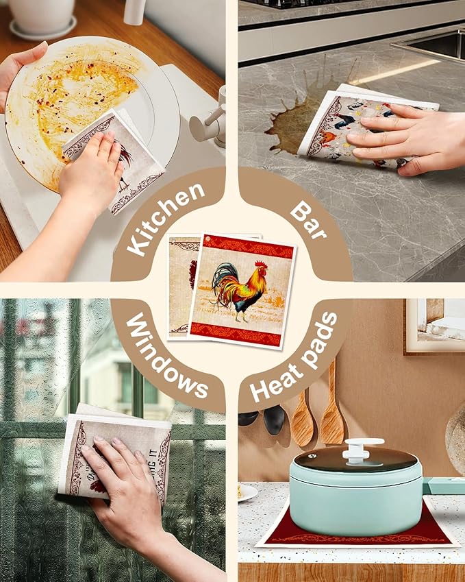 Kitchen Swedish Dishcloths with Hooks - 6 Pack Reusable Dish Cloths for Washing Dishes Fast Drying Cute Fun Swedish Dish Towels Washable Cleaning Sponge, Red Chicken