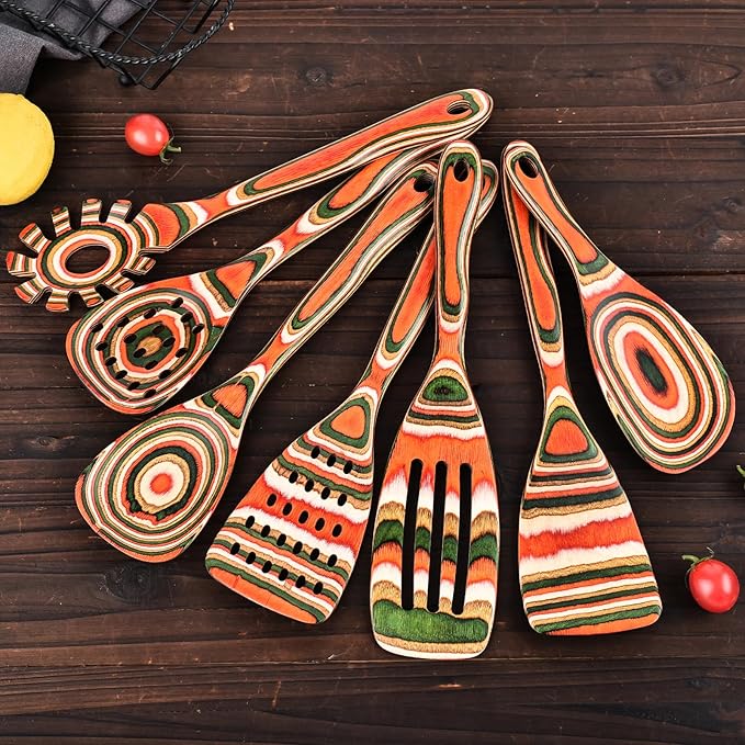 Gudamaye Pakkawood 7-Piece Red Wooden Cooking Utensils, Wooden Spoons for Cooking,Wooden Spoon Set, Wooden Kitchen Utensil set, Pakkawood kitchen Utensils for Serving, Bridal Shower Gifts