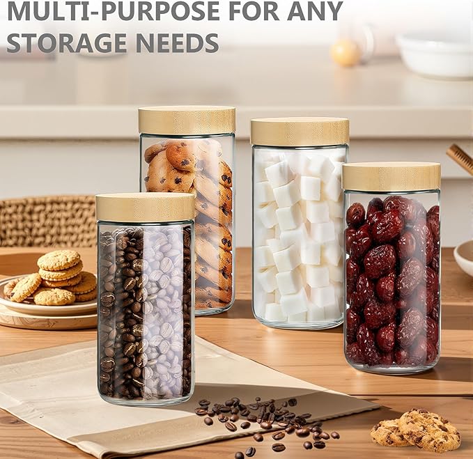 4 Pack 24oz Glass Jars with Bamboo Lids, Spoons, Airtight Overnight Oats Containers, Wide Mouth Mason Jars, Food Storage Container for Yogurt Salad Snacks Spice Sugar Meal Prep – Reusable