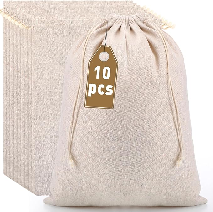 Woanger 10 Pack Reusable Produce Bags - X-Large 12 x 16 Inch Cotton Muslin Bags with Drawstrings Washable Canvas Fabric Sacks for Bread, Bulk Produce, Shoes