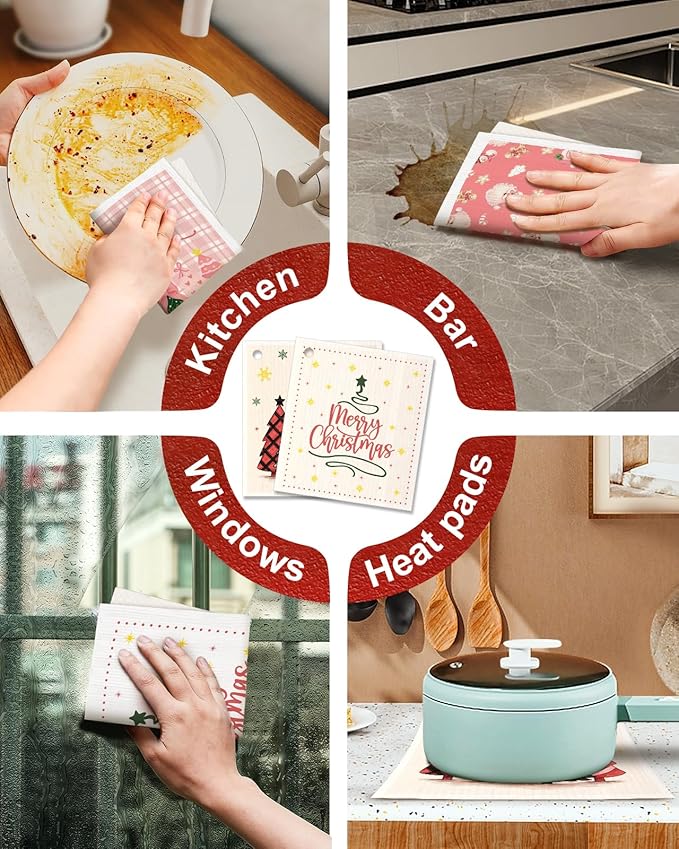 Christmas Swedish Dishcloths for Kitchen - 5 Pack Reusable Dish Cloths for Washing Dishes Absorbent Cute Winter Theme Kitchen Towels Cleaning Sponge, Pk Xmas Theme