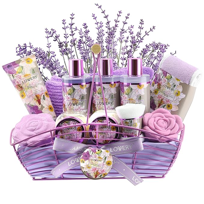 Christmas Gift Sets For Women, Gift Basket for Women & Men, Bath and Body Gift Basket, 13pc Vanilla Lavender Home Spa Set, Body Lotion, Bath Bomb, Shower Gloves Gift for Mom Thank You Birthday Gifts