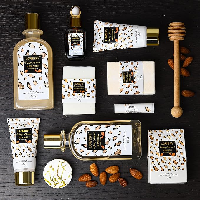 Christmas At-Home Spa Kit with Honey Almond Scent, Bath Gift Basket - Vit E-Rich Bath Essentials, Tumbler, Ear Candles, Bath Oil, Salts, Shower Steamer, Organic Lip Balm & More in Leopard Basket, 21