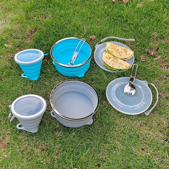 Mess Kit for Camping Silicone Collapsible Bowl Collapsible Cup and Stainless Steel Spoon for Backpacking Outdoor Hiking Traveling and Picnic - 4 Pack