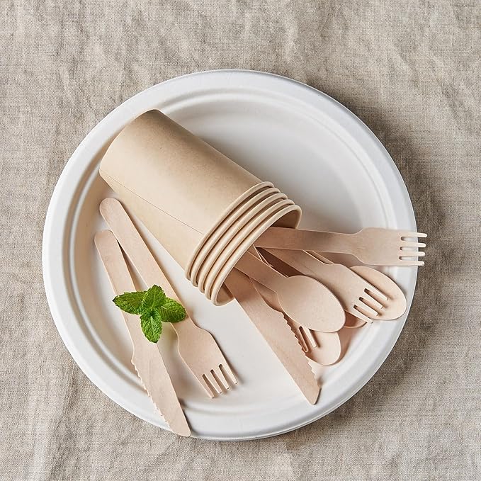 100% Compostable Wooden Cutlery Set - 300 Combo Utensils Disposable Wood Silverware, Eco Friendly, Party Flatware Recyclable Sustainable(Formerly FULING)