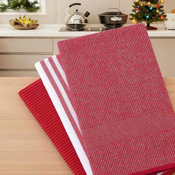 Homaxy Premium Kitchen Towels(18”x 28”, 3 Pack), Large Cotton 380 GSM Kitchen Hand Towels, Soft and Absorbent Terry Dish Towels, Multipurpose Tea Towel Set with Hanging Loop, Red