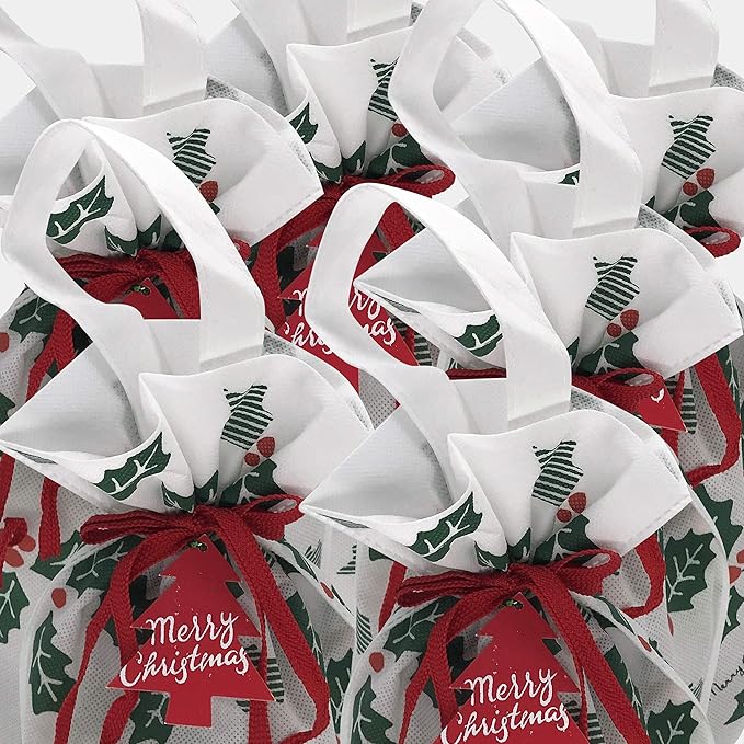 Fabric Gift Bags for Christmas Presents – Set of 6 Large Reusable Drawstring Bags with Festive Holly Design – Christmas Bags for Gifts – Perfect for Gift Wrap and Holiday Giving (Holly)