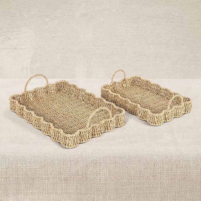 Household Essentials Woven Seagrass Scalloped Rectangular Trays, Set of 2, Natural