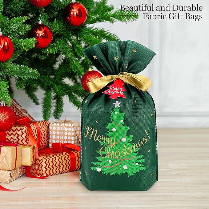 Fabric Gift Bags for Christmas Presents - 6 Pcs Christmas Gift Bags with Drawstring, Large Reusable Drawstring Bags for Gifts (Green Tree)