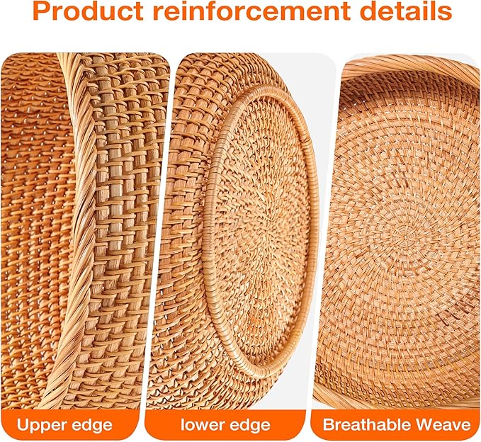 Honey Brown Natural Rattan Bread Basket Set of 3 - Handwoven Round Wicker Serving Bowls for Fruit, Snacks, Kitchen Counter Organizing | Stackable Farmhouse Decor