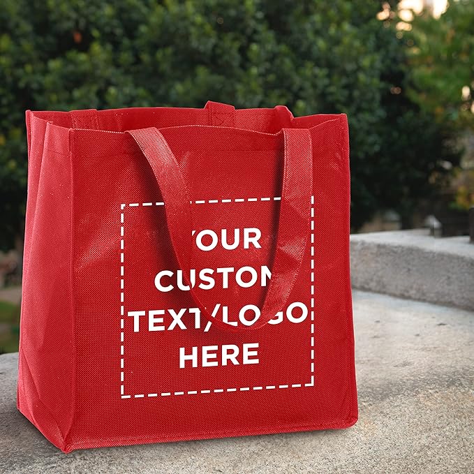 DISCOUNT PROMOS Custom Reusable Cloth Grocery Shopping Tote Bags Set of 10/50/100, Personalized Bulk Pack - Foldable, Washable, Shopper Bag - Red