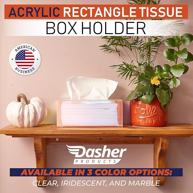 Acrylic Tissue Box Holder, Clear Dispenser for Facial Tissues, Napkins, and Dryer Sheets. Perfect for Bathrooms, Desks, Countertops, Vanities, Bedrooms, and Nightstands (Rectangle, Iridescent)