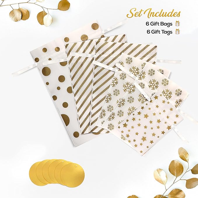 Fabric Gift Bags for Christmas Presents - 6 Pcs Drawstring Fabric Bags, Large Christmas Gift Bags for Presents, Reusable Gift Wrap Bags for Gifts (Gold, Assorted Sizes)