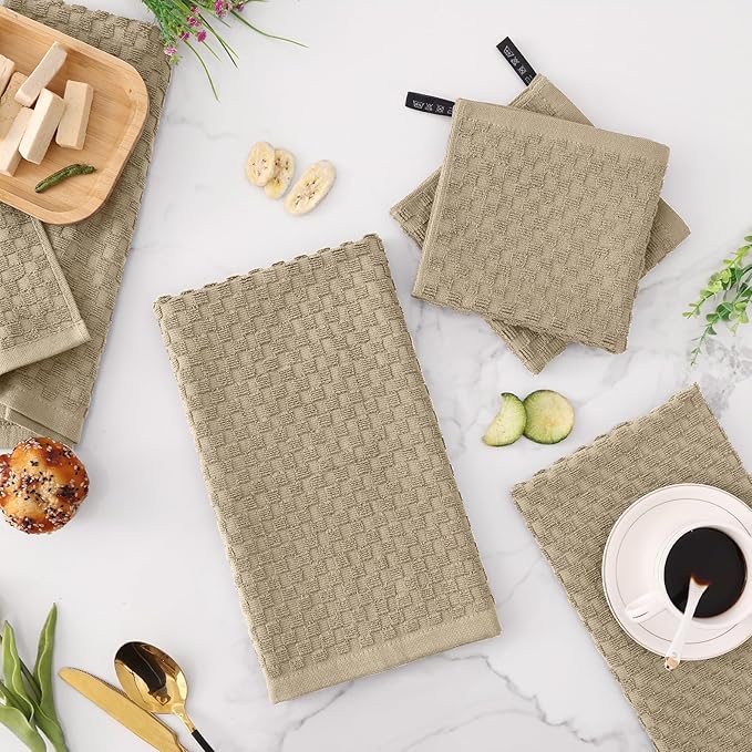 Fintale 100% Cotton Kitchen Towels and Dishcloths Set, 12 x 12 & 15 x 25 Inches, Set of 8 Bulk Super Soft and Absorbent Terry Cloth Dish Towels, Quick Drying Hand Towels with Hanging Loop, Tan